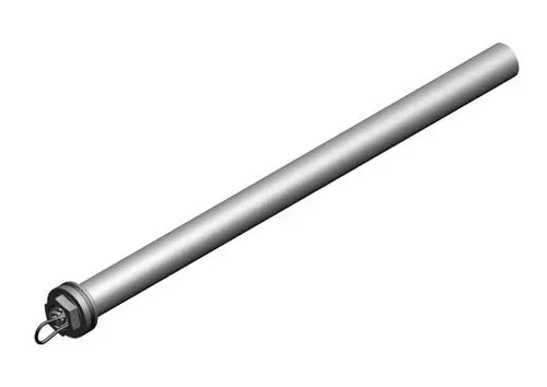 Lange, zylindrische Baukomponente aus Metall mit einer kabelartigen Verbindung an einem Ende. Möglicherweise ein Teil von Bosch Heizsystemen oder ähnlicher Anwendung.